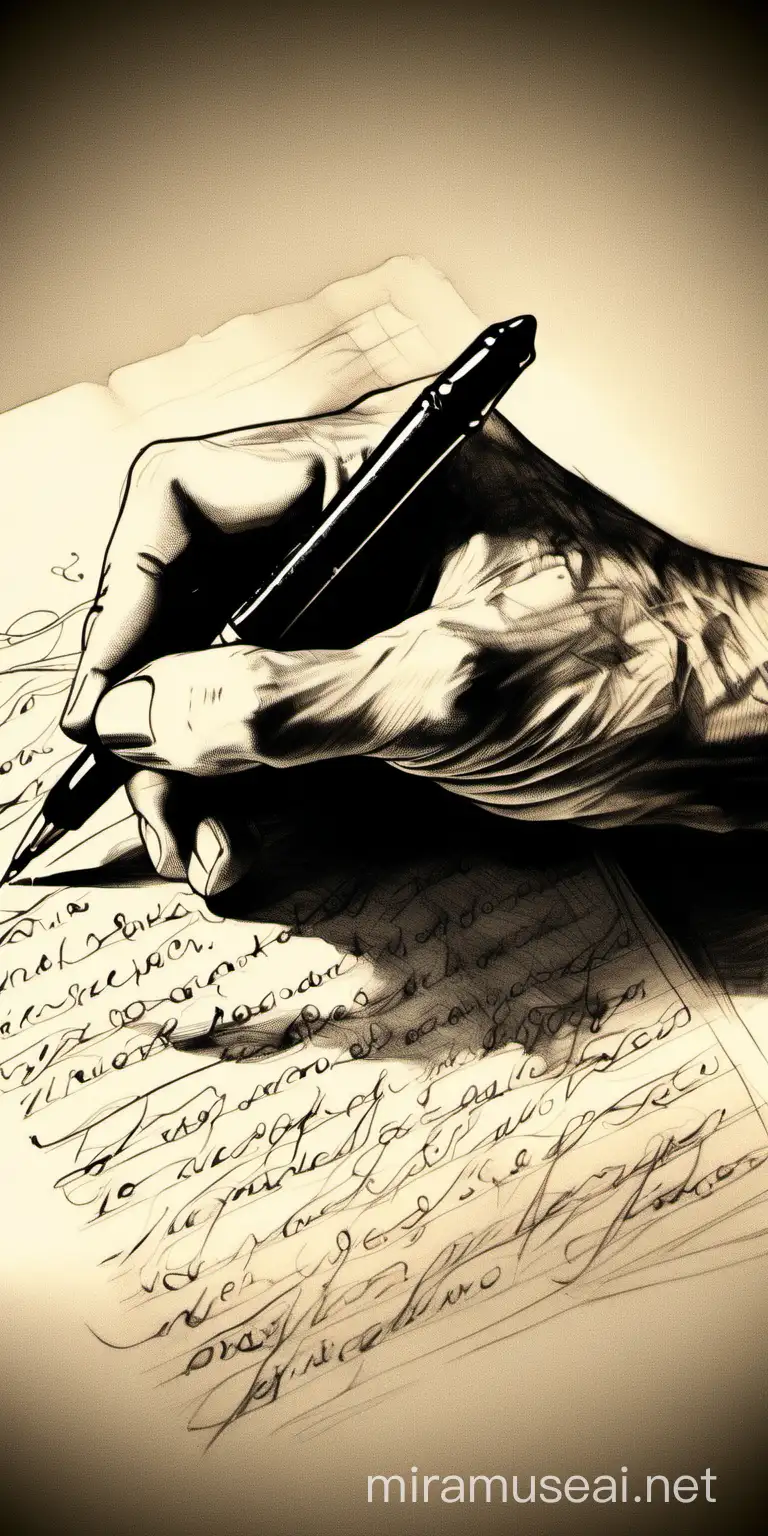 Hand, writing a poem, pen, sketch, line drawing, shadows, old style