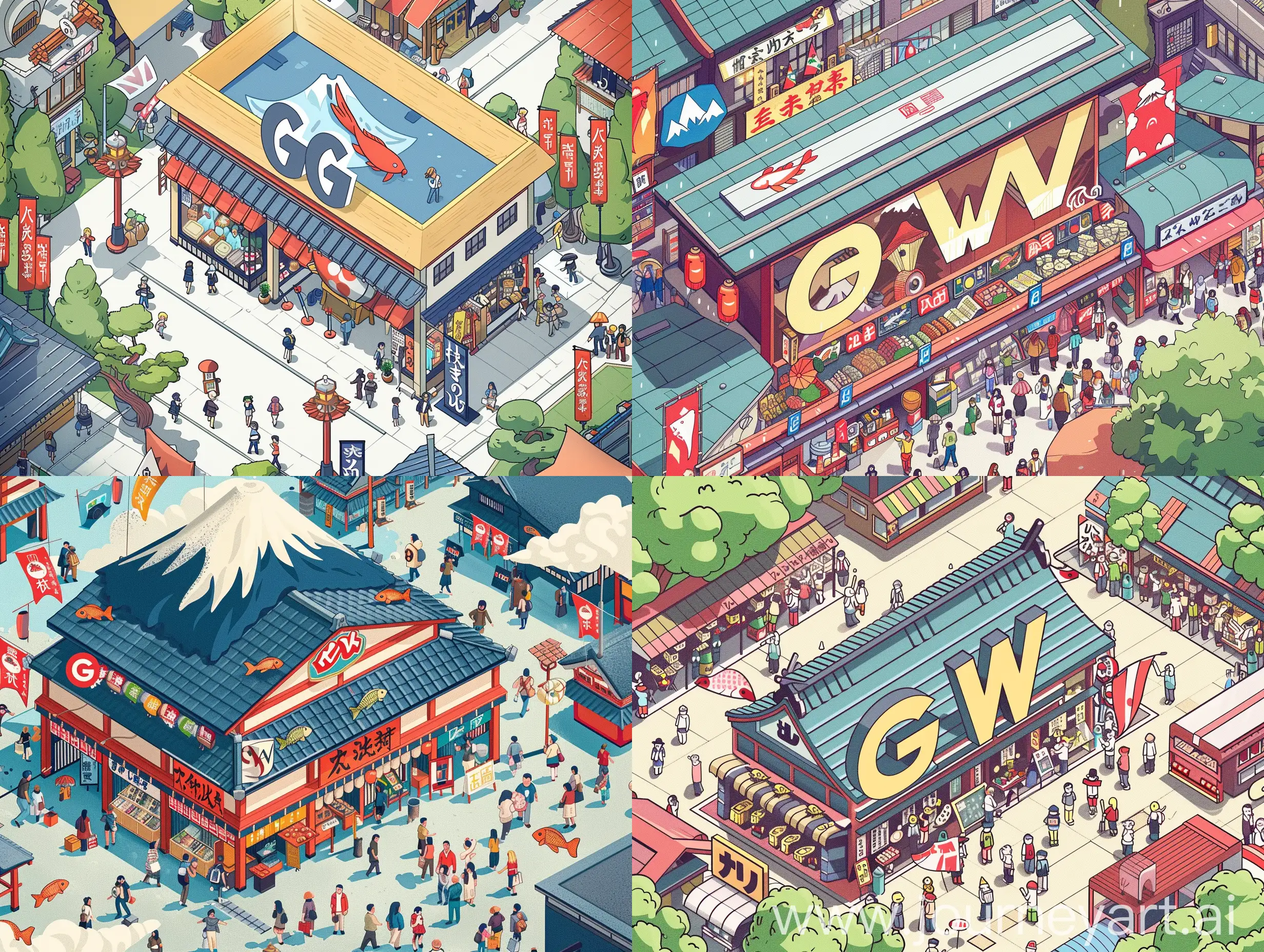 用 G W 两个字母做成日本店铺得样子，周围加一些人群等，营造出一种户外旅游、商场购物的氛围，旁边有鲤鱼旗、富士山元素，俯视角度，卡通风格