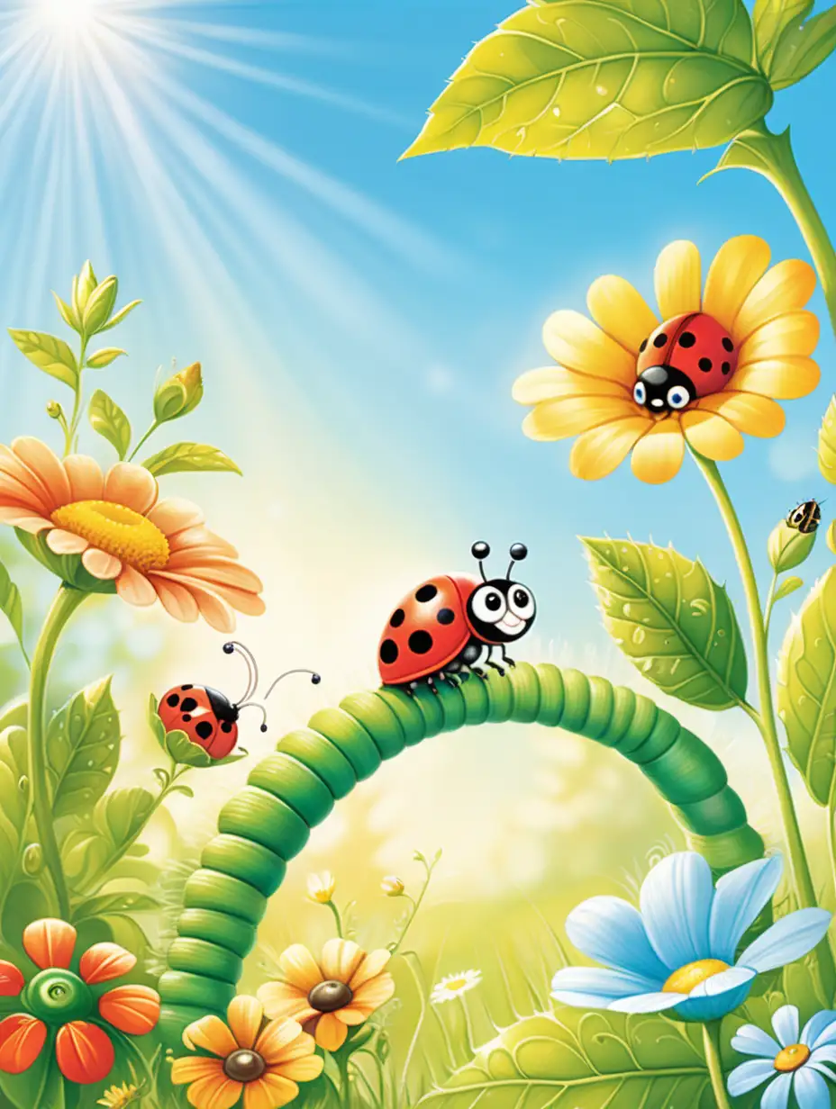 Adorable Ladybug and Shy Caterpillar Encounter in Sunny Garden