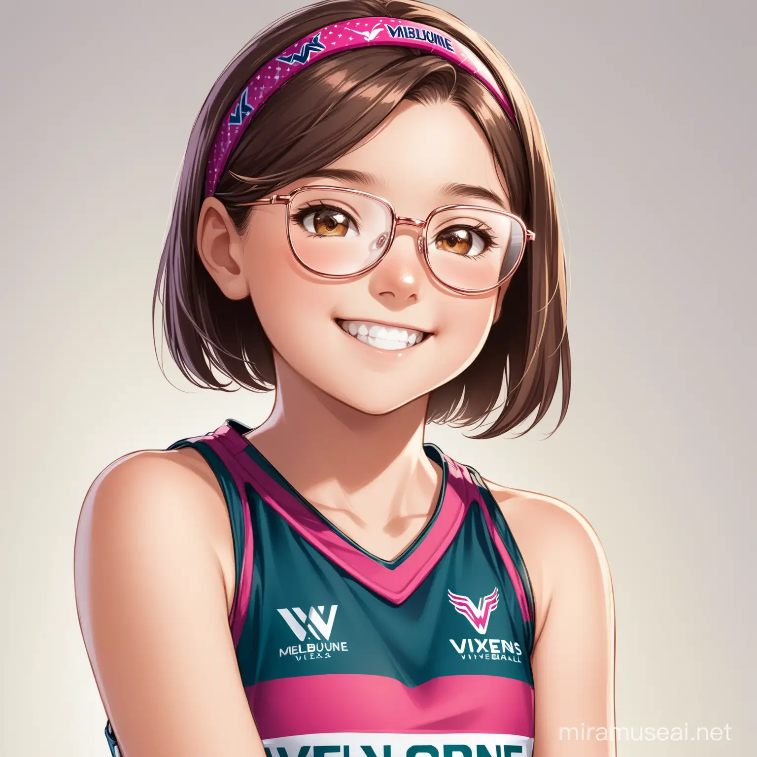 12 year old girl with short brown hair, rose gold glasses, brown eyes, smiling, wearing head band, wearing Melbourne vixens netball dress