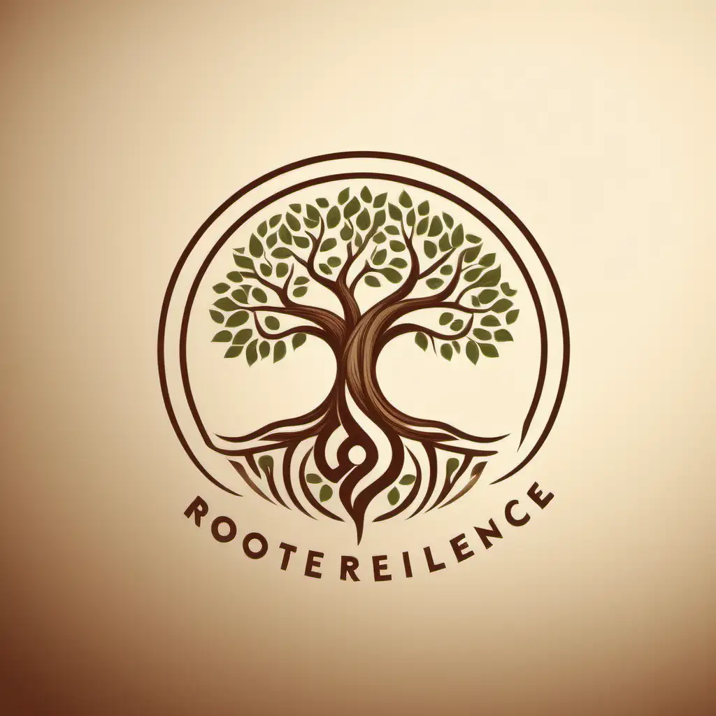 Create a logo of a sturdy tree integrating a triskelion motif. Earthy tones and modern typography convey resilience and growth. company name: Rooted Resilience
