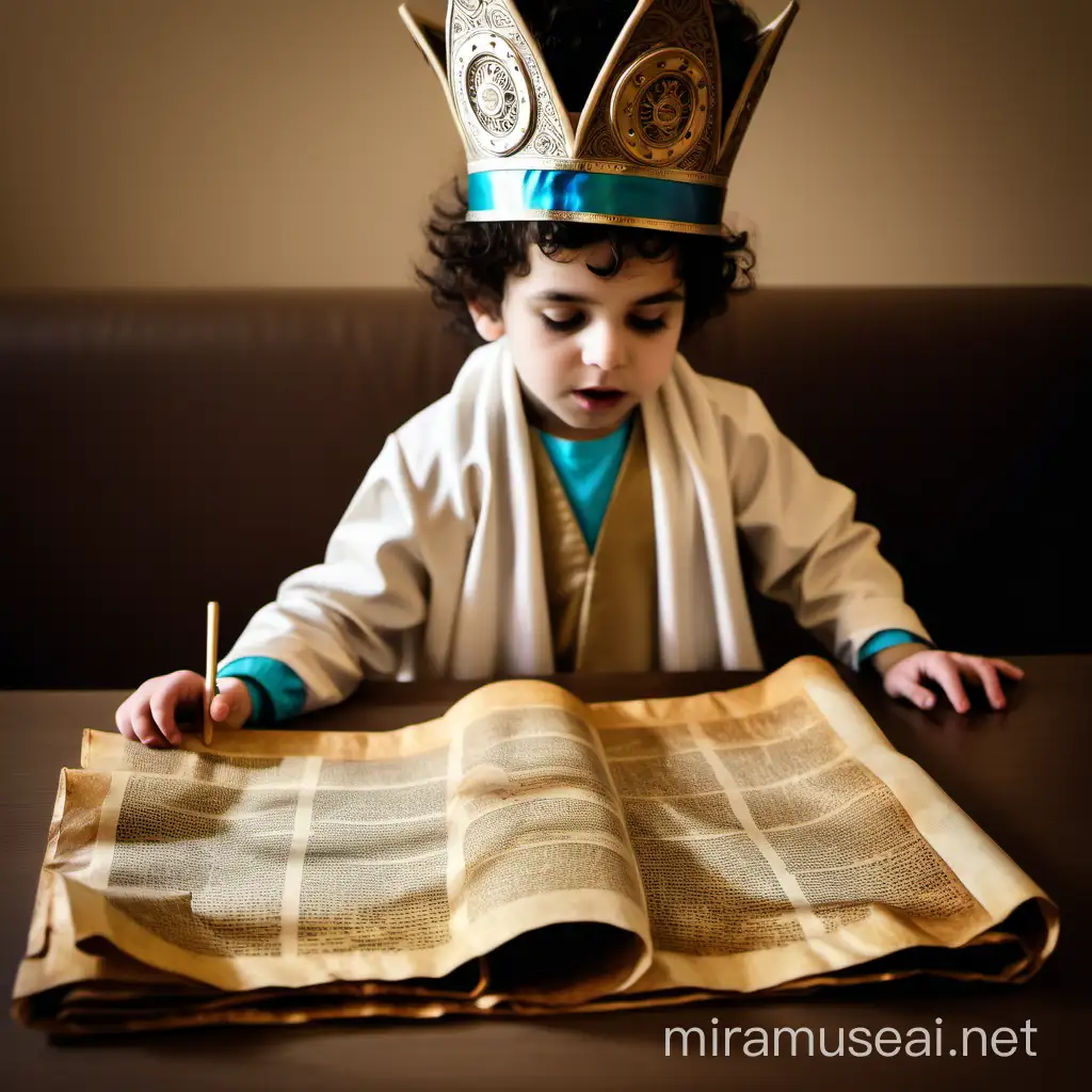 kid read the ancient scrolls in the purim festivity
