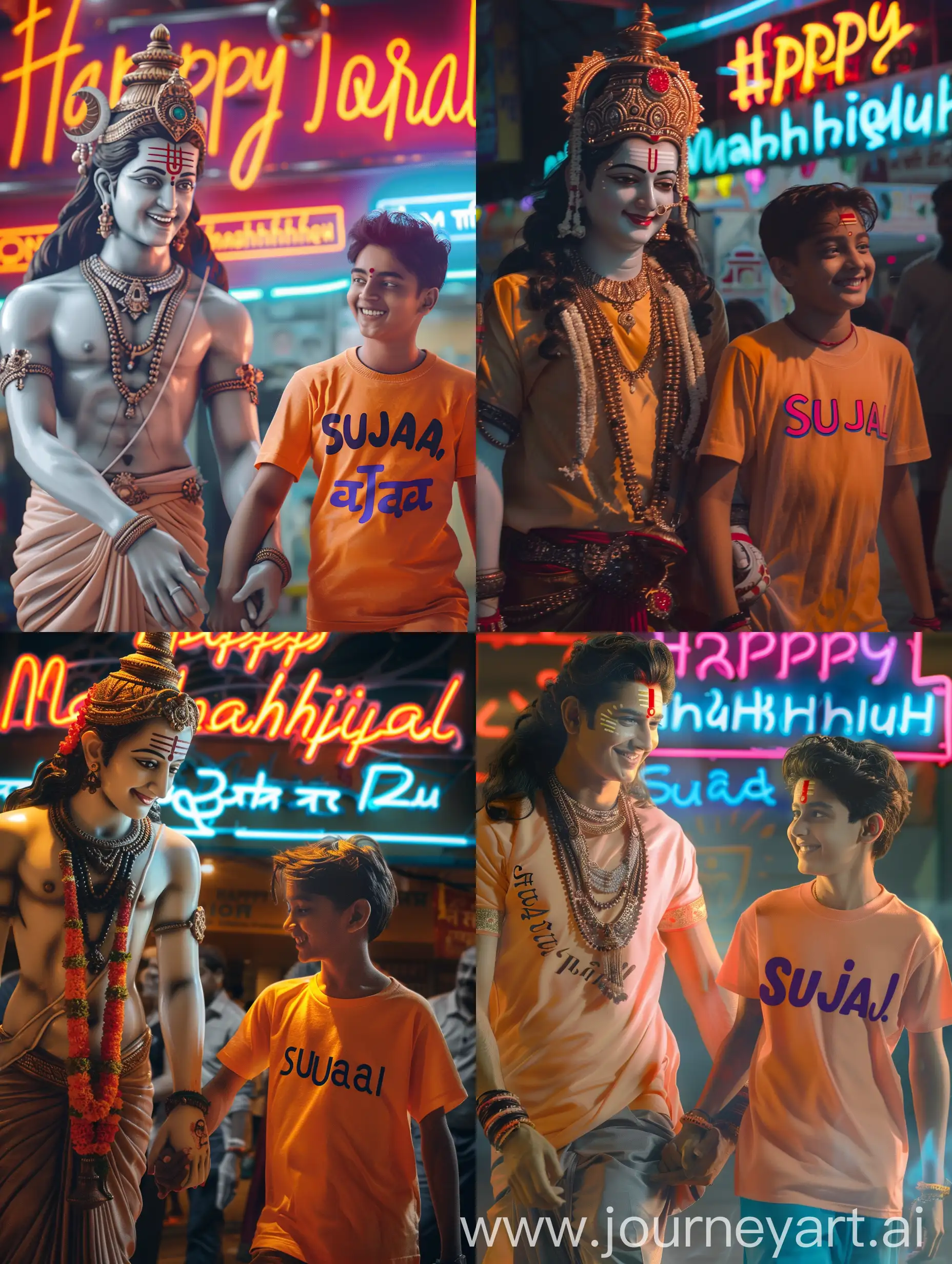 " Create an illusion the 25 year old boy closeup of lord Mahadev holding hand walking with a 20 year old boy wearing a saffron tshirt written name " Sujal " Big and capital font. both smiling. Background neon labels proudly display the caption " Happy Mahashivratri " , soft light reflection