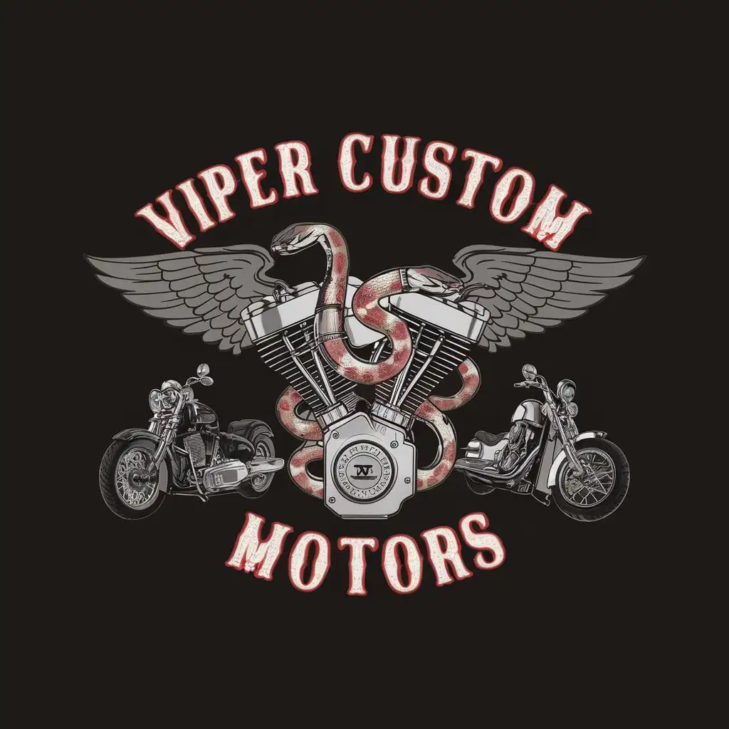 logo, Motorcycle engine with wings and viper snakes with carnival freakshow font with motorcycles on either side, with the text "Viper Custom Motors", typography, be used in Automotive industry