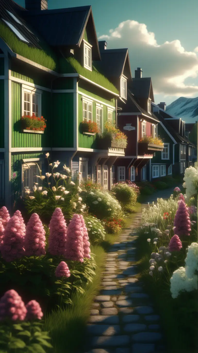 Enchanting Countryside Morning Idyllic Interwar Norwegian Village with Blooming Flowers