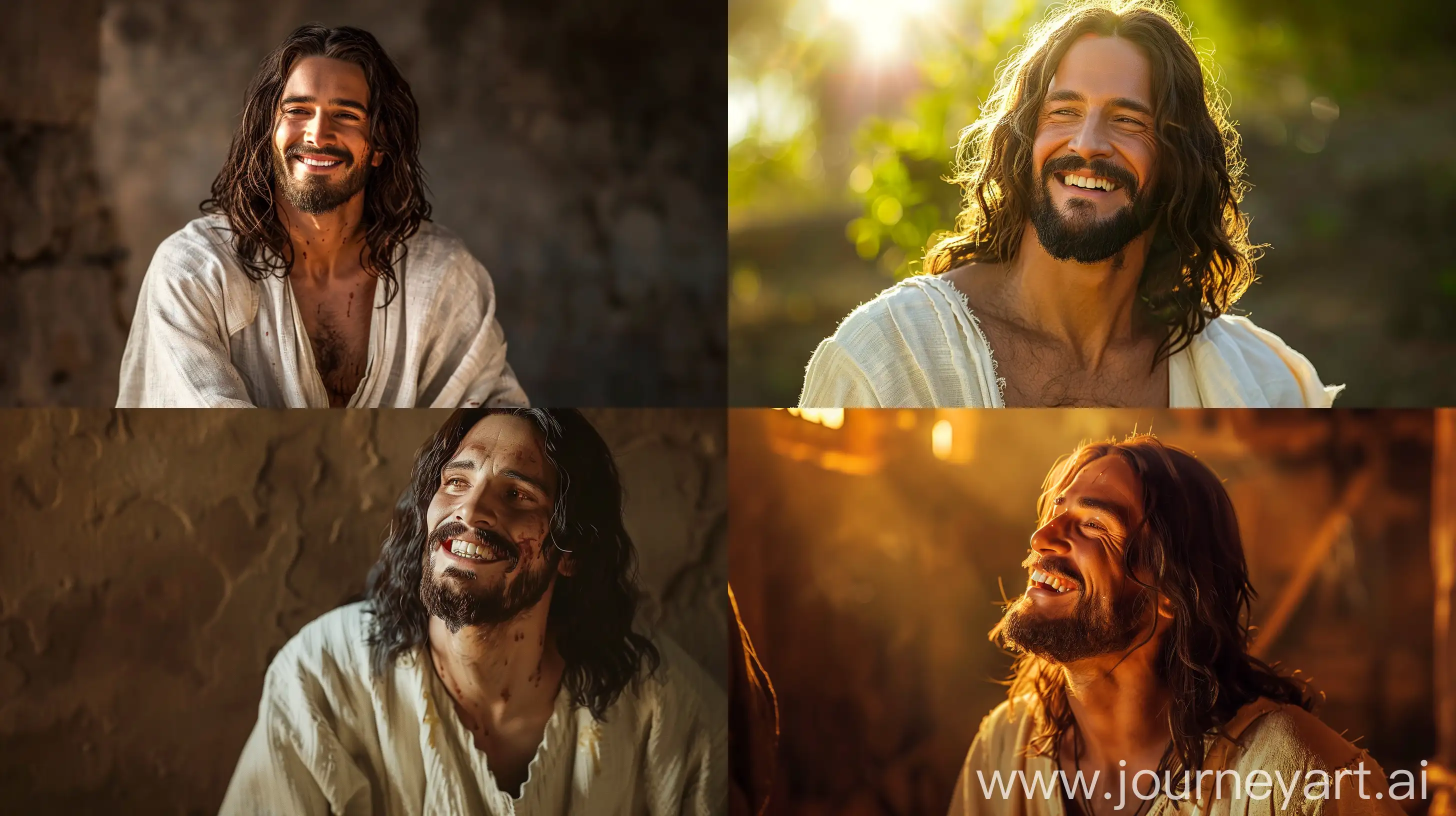 photorealistic Jesus, Jesus is smiling, full-length photo, divine photo, ultrarealistic, detailed, RTX, shot on Canon EOS R6, —ar 16:9