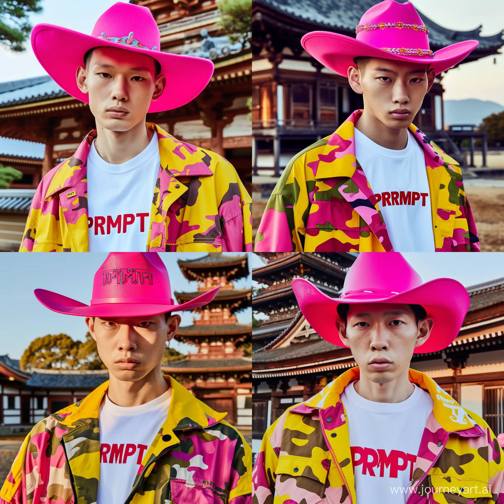 editorial fashion shot, asian ethnicity, male, short black hair, intense gaze, pale complexion, neon pink cowboy hat, vibrant yellow and pink camo jacket, white tee with red “PRMPT” branding, traditional Japanese temple backdrop, high contrast daylight, vivid and playful mood --sref https://cdn.discordapp.com/attachments/1187305629551972372/1205841229187915816/1-65c71e9087014_image_3___Balanced_2.jpg?ex=65d9d628&is=65c76128&hm=6265861b5ee41d0c0aae76bf0097e4517d62efa664e0a3167a028d967cb03950& --sw 1000 