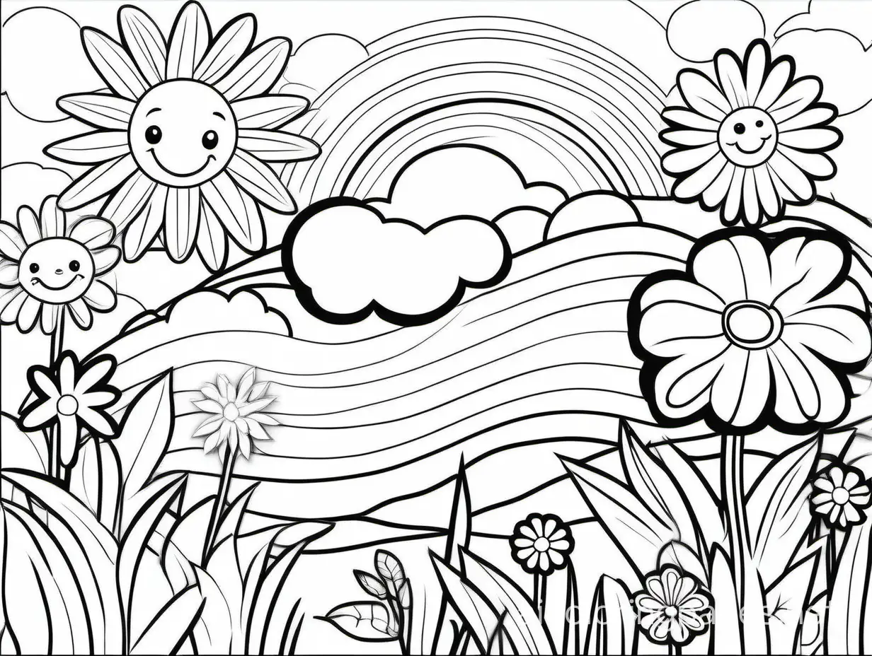 summer activity with happy mood in the field some flower and good summer sun and more cloud
vibe coloring page
black and white, Coloring Page, black and white, line art, white background, Simplicity, Ample White Space. The background of the coloring page is plain white to make it easy for young children to color within the lines. The outlines of all the subjects are easy to distinguish, making it simple for kids to color without too much difficulty