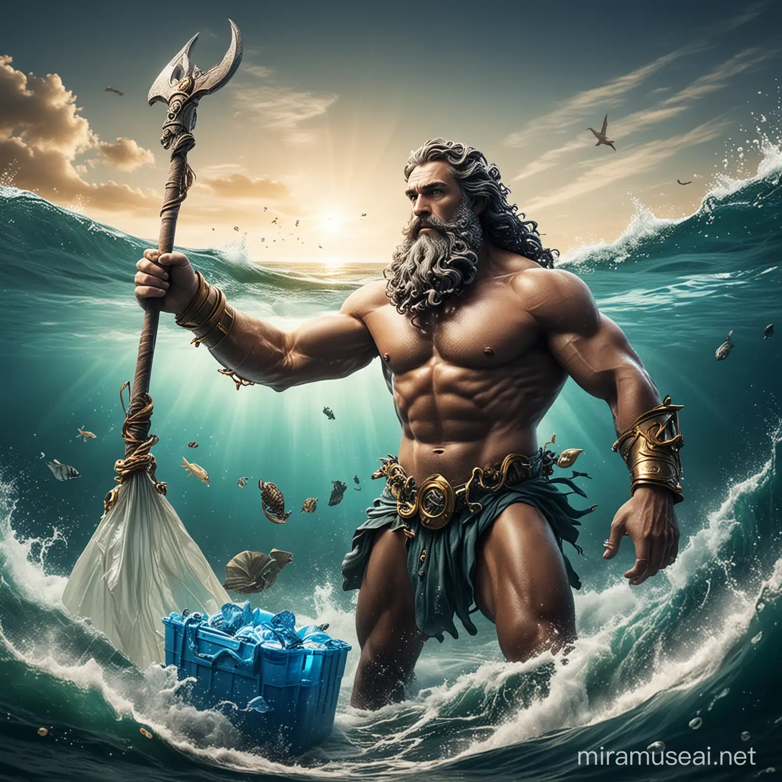 Poseidon collecting recycling plastic from ocean and then transforming the plastic into a new usable product