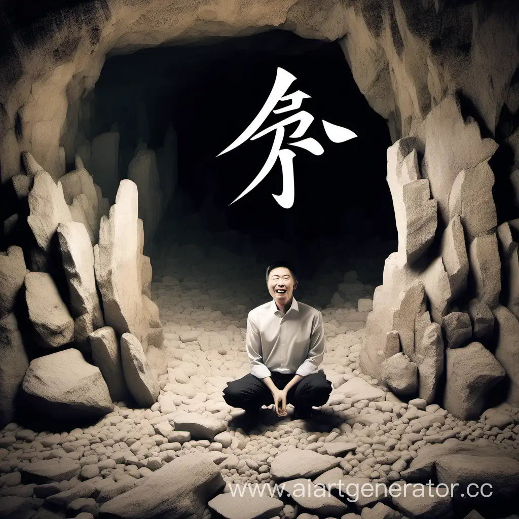 создай забавную картинку, которая будет напоминать написание китайского иероглифа 突,  на которой человек сидит в пещере и на него сверху неожиданно падает камень