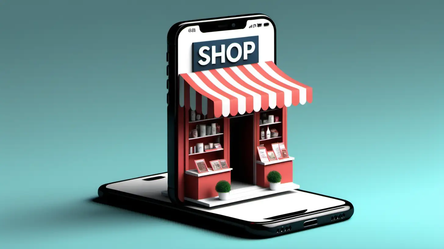 generate an realistic 3d shop coming out of a phone promoting both app and the physical store