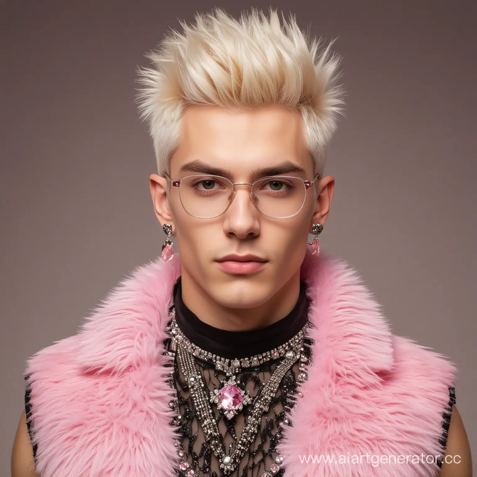 Портрет молодого человека по имени Велимир Квашнитич. У него обесцвеченные волосы, серьги в ушах, очки со стразами. Одет он в майку-сеточку, а также жилет с воротником из розового меха.