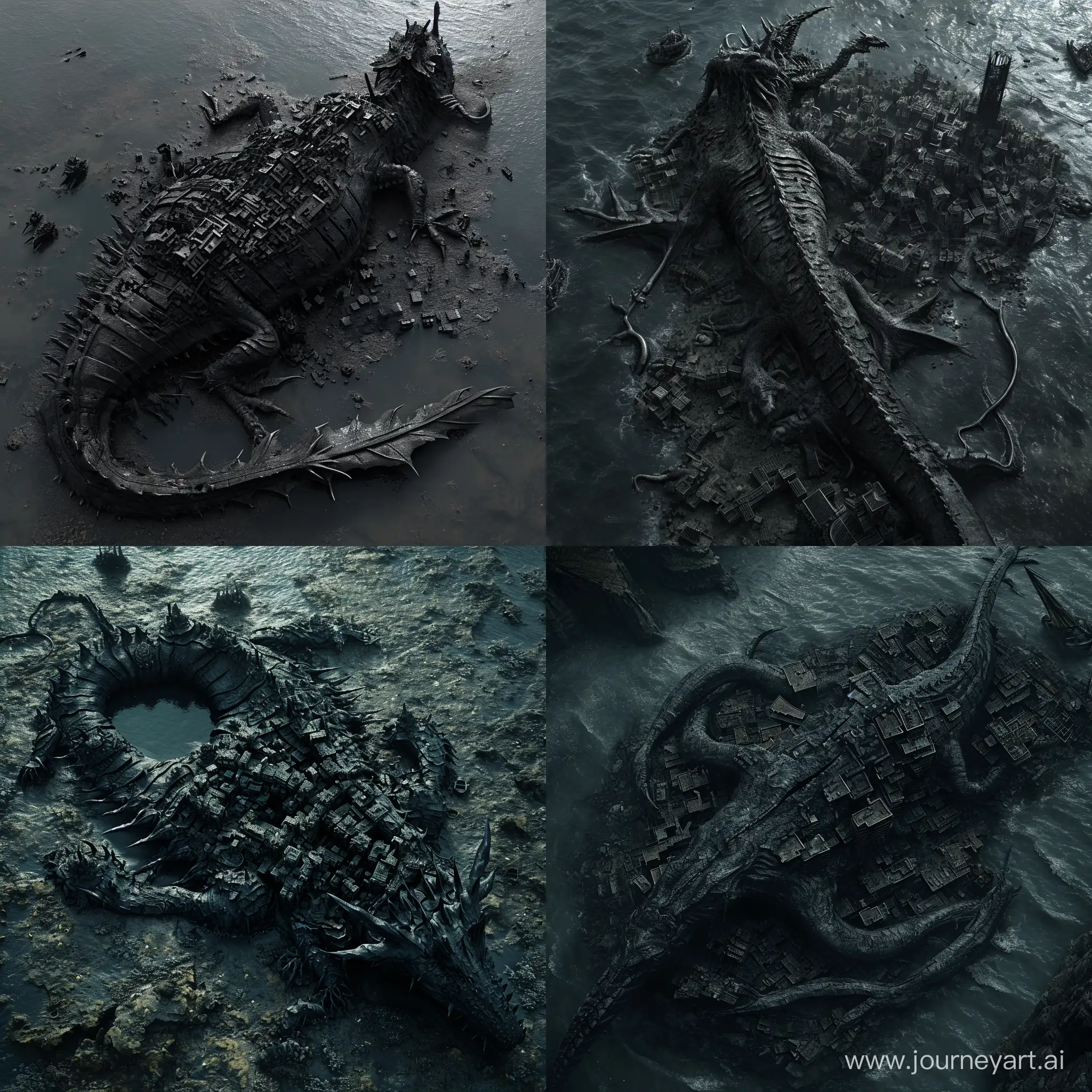 The corpse of a giant dragon entrenched on the ocean floor that has become a city, black, inhabited by serpentine anthropomorphic creatures, top view, photorealistic, gloomy setting