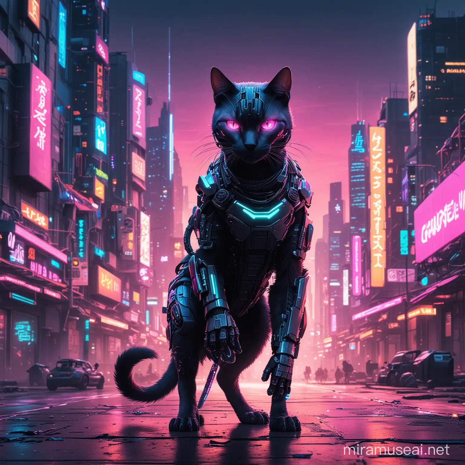 a cybernetic ninja cat in a futuristic city with neon glow