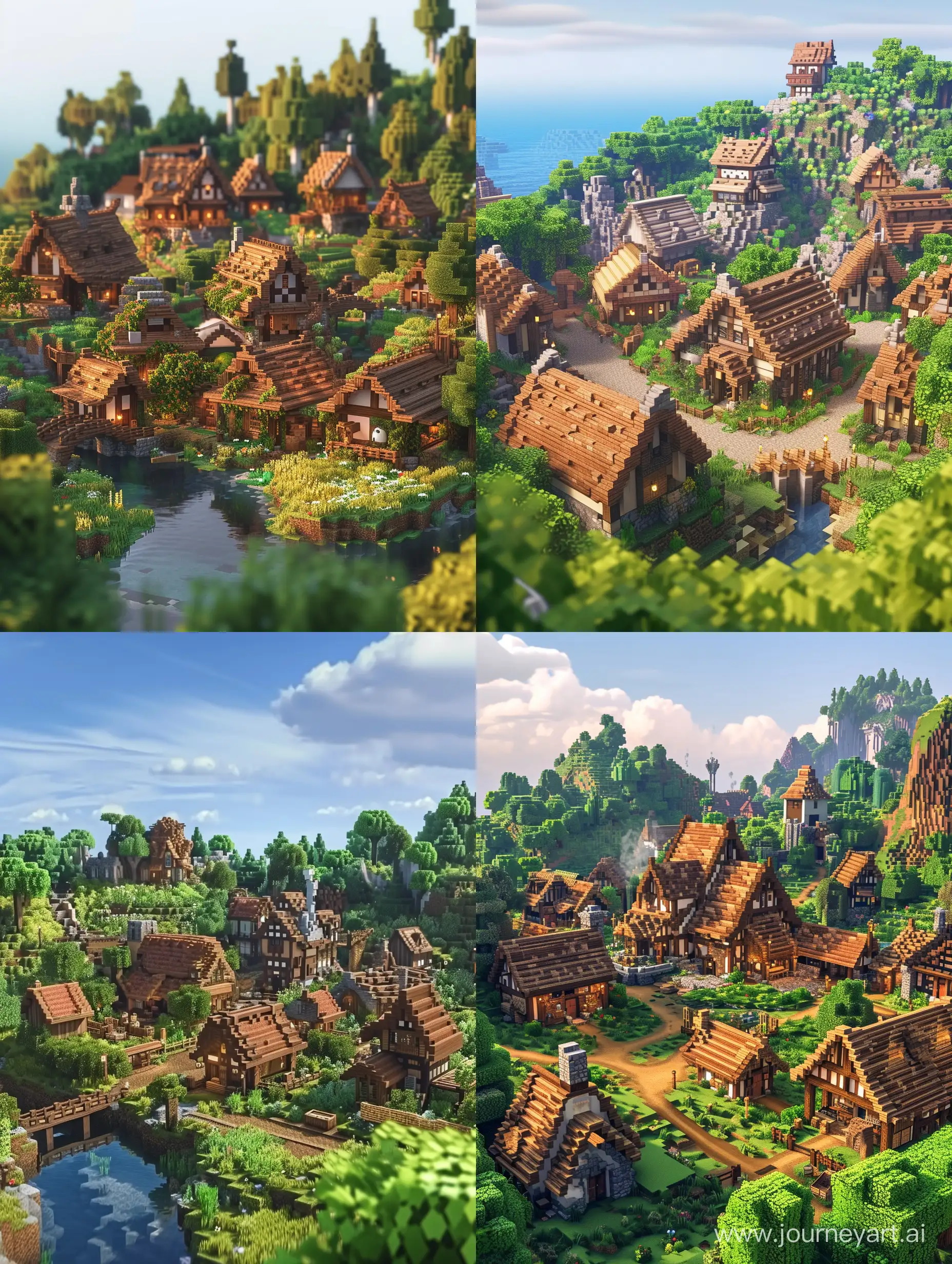 A picture of a village in Minecraft inspired by Studio Ghibli Art Style