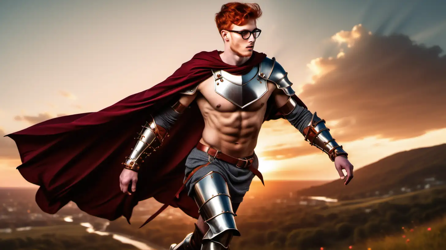 Handsome redhead male knight short hair glasses stubbles shirtless leg armor bracelets cape flowing in the wind sunset flying towards the viewer 