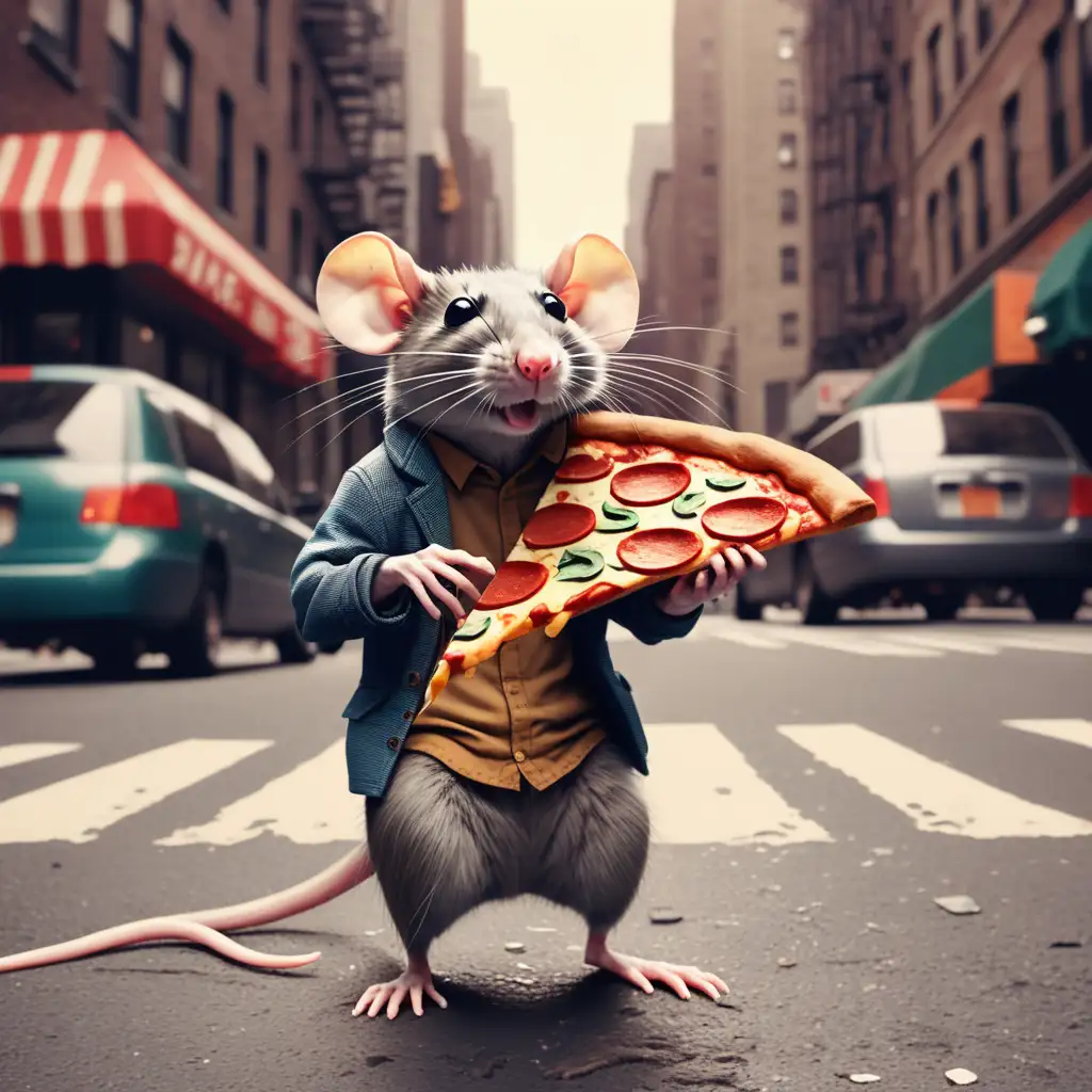 rat with pizza in new york city streets, half tone style, lofi style