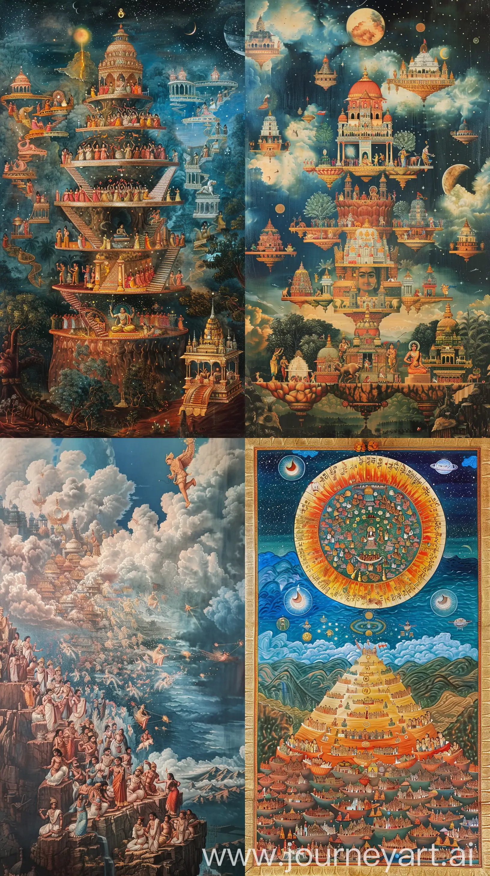 Depiction of Swarga lok or the heavens in Raj Ravi Varma art style from ancient Hinduism, intricate details, 8 quality --ar 9:16 --v 6