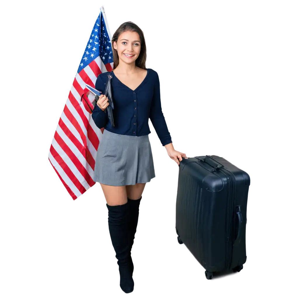 cute girl with suitcase and usa flag in hand