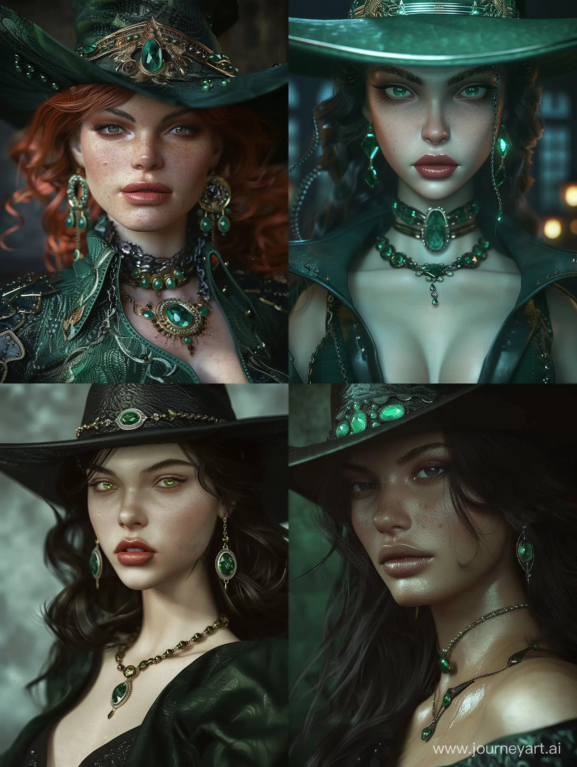 the vampire witch with hat, wearing emeralds, dressed in emeralds, in the style of eve ventrue, vray tracing, paul hedley, western-style portraits, cartelcore, uhd image, --ar 46:61 --style raw