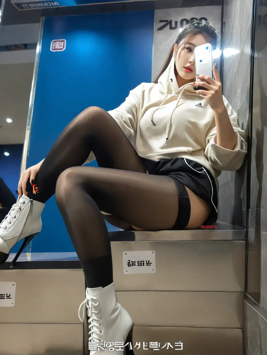 Korean Fashionista in Edgy Outfit with UltraLong Stockings and Short Shorts