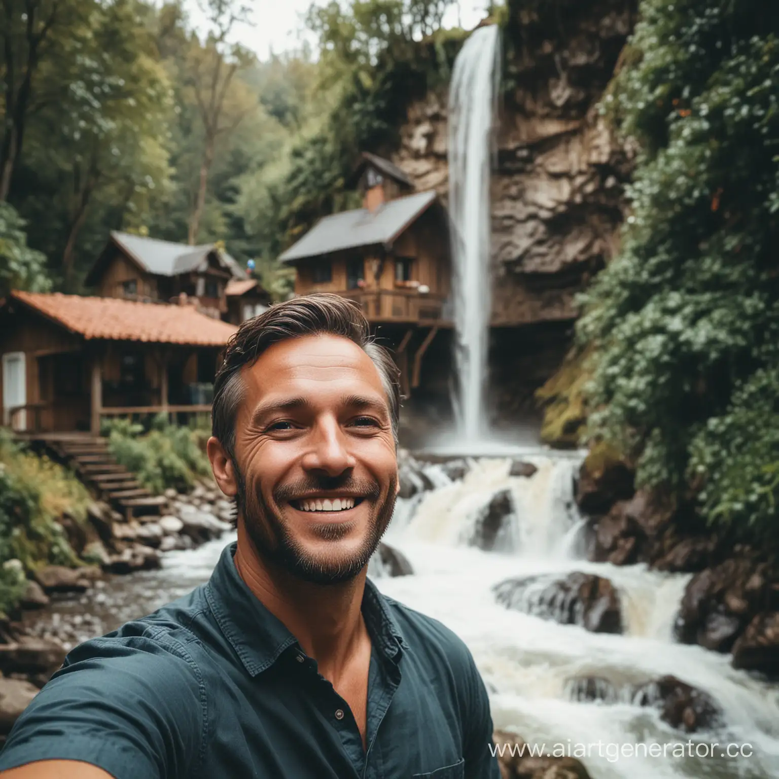 Happy-Man-Living-by-Waterfall-Serene-Lifestyle-Portrait