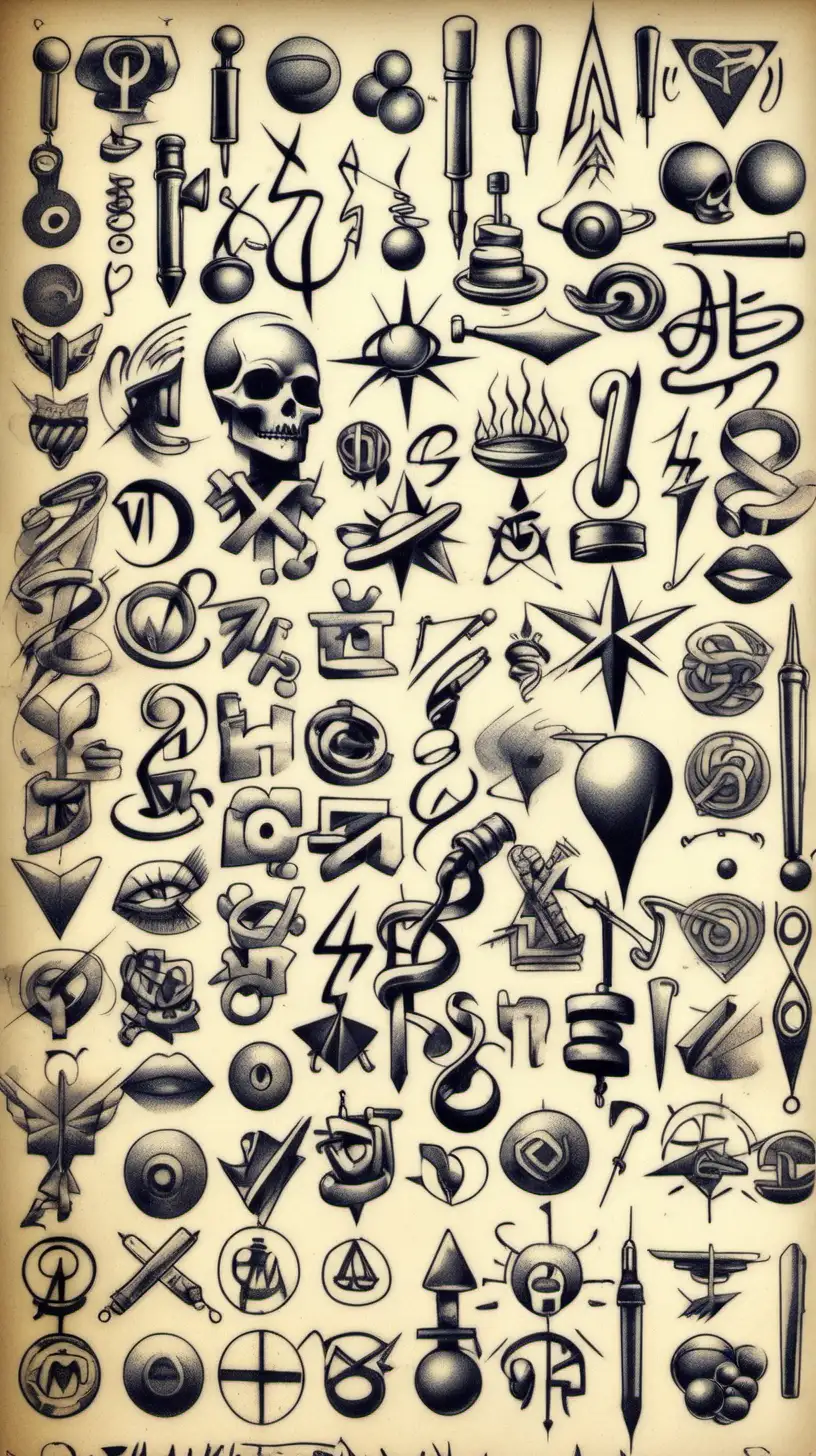 Nostalgic Collection of 100 Vintage Graffiti and Tattoo Symbols in Ballpoint Pen