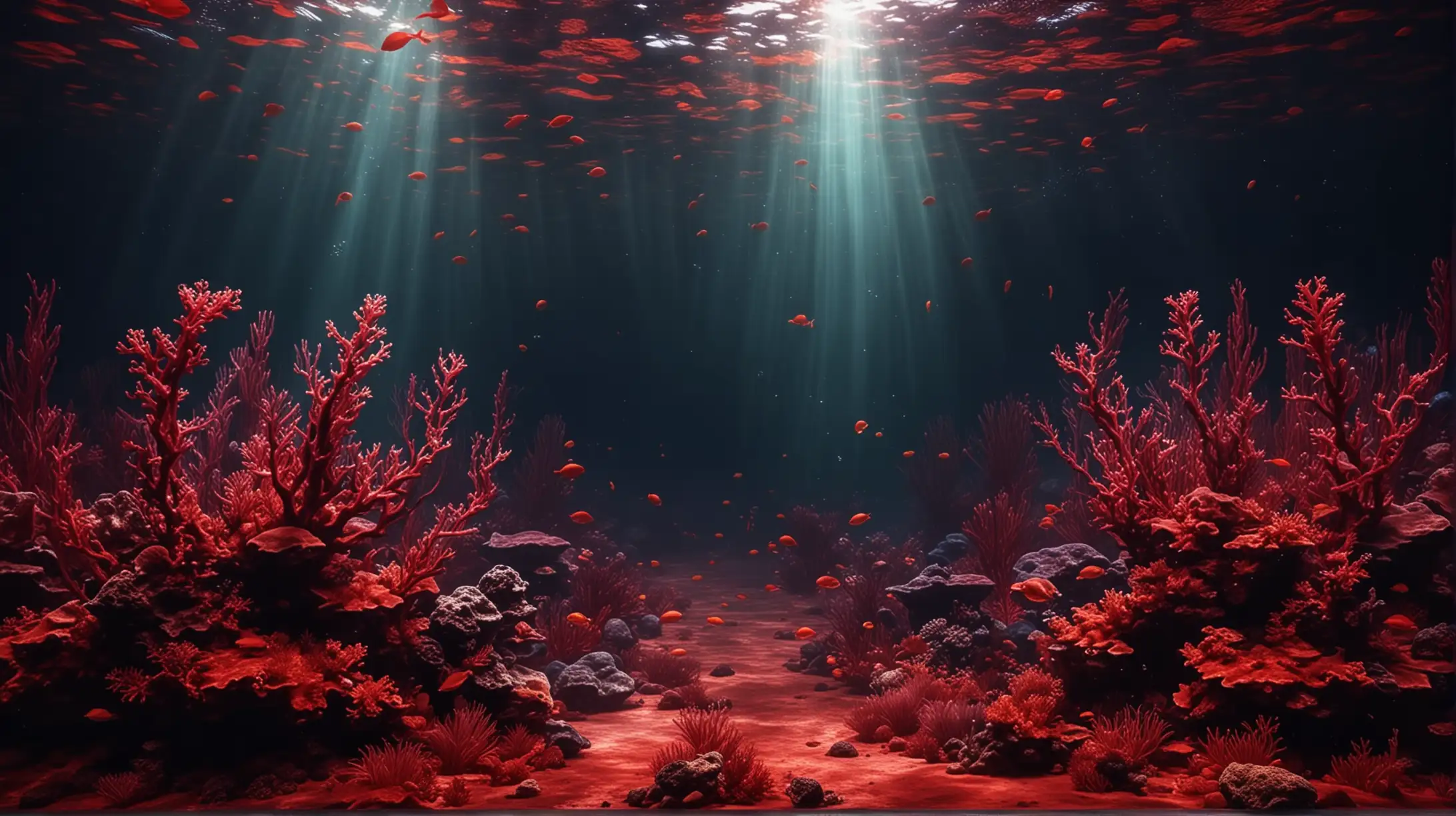 暗红色有氛围感的海底世界背景，亮红色的色调，逼真，4k高清，