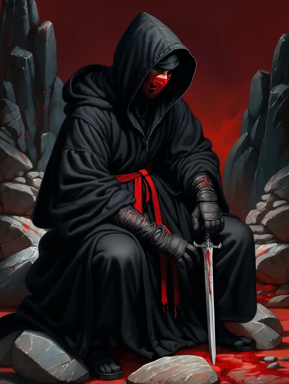 Human holding sword with two hands, sitting on stones, surrounded by rocks, wearing all black hooded robe, mask on, black gloves, bloody, Renaissance, red background
