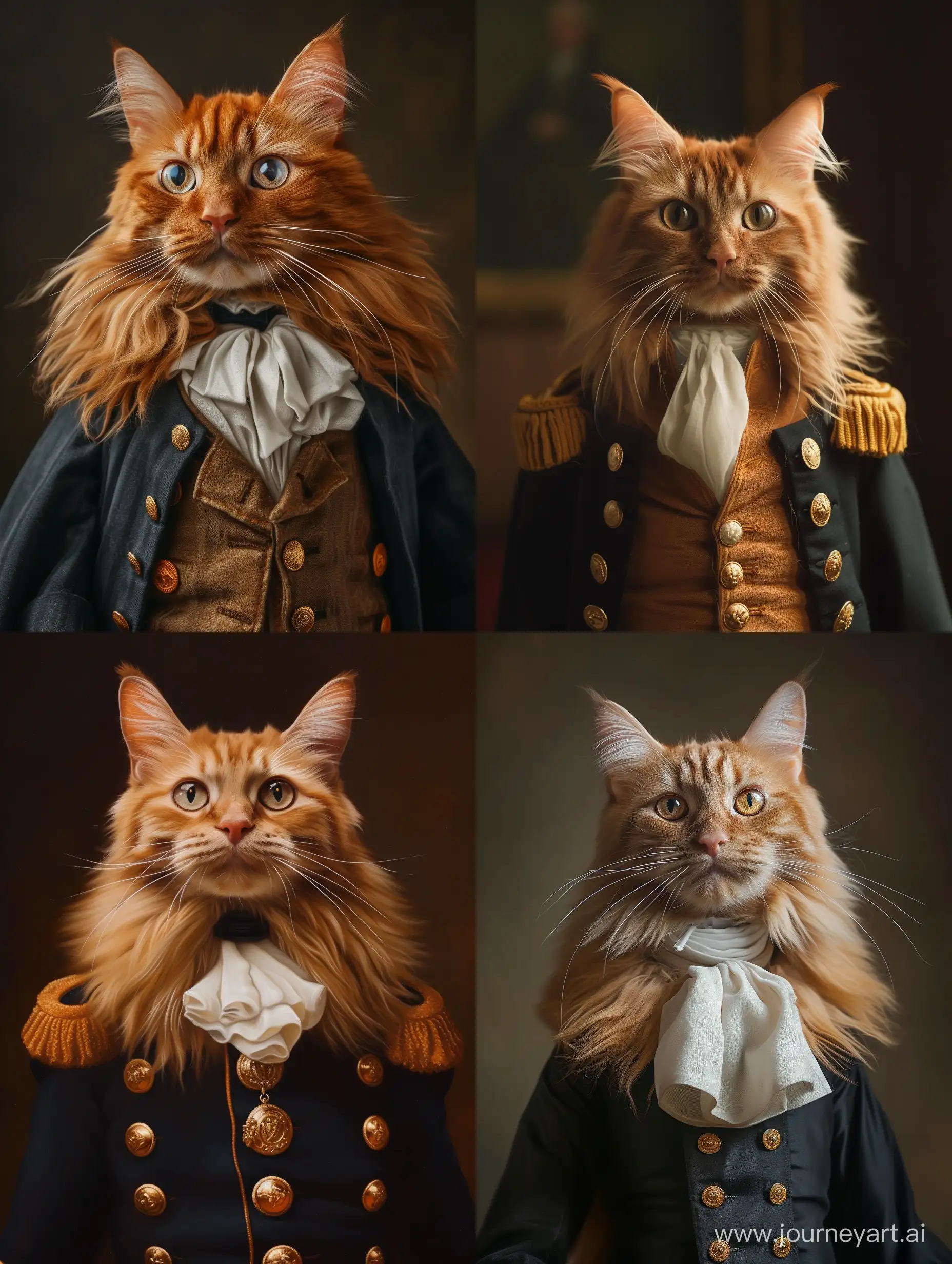 An orange long haired cat, distinguished and regal looking, large innocent looking eyes, dressed like an 18th century british cavalry officer