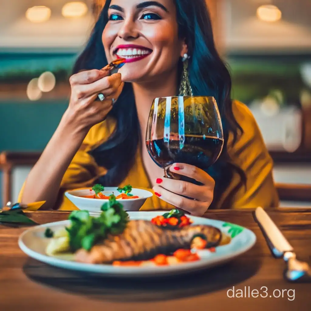 Je veux l'image d'une belle femme souriante assise à la table d'un restaurant dégustant un poisson qui semble