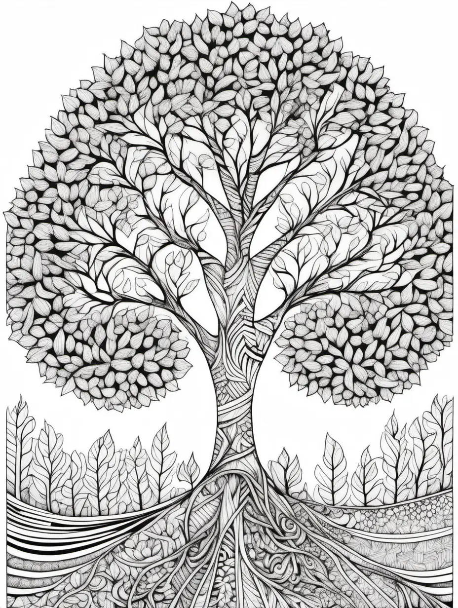 illustrate  trees in bloom with patterns on leaves zentangle , colouring book, no shading, low detail, white backgroung, crisp lines