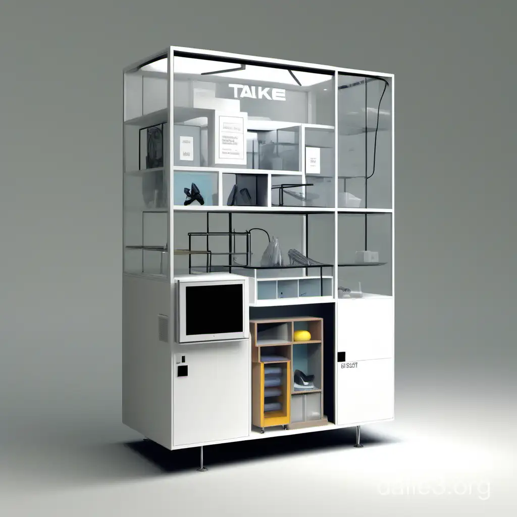 a modular cabinet 2 by 2 meters, consisting of cells with a depth of 40 cm, with glass doors, inside the cells there is a drill, a PS5, a printer, a vacuum cleaner and other household items, the cabinet itself with the designer inscription "Take & Use", next to it stands a joyful person with a smartphone in his hand, in which he selects goods from the cell