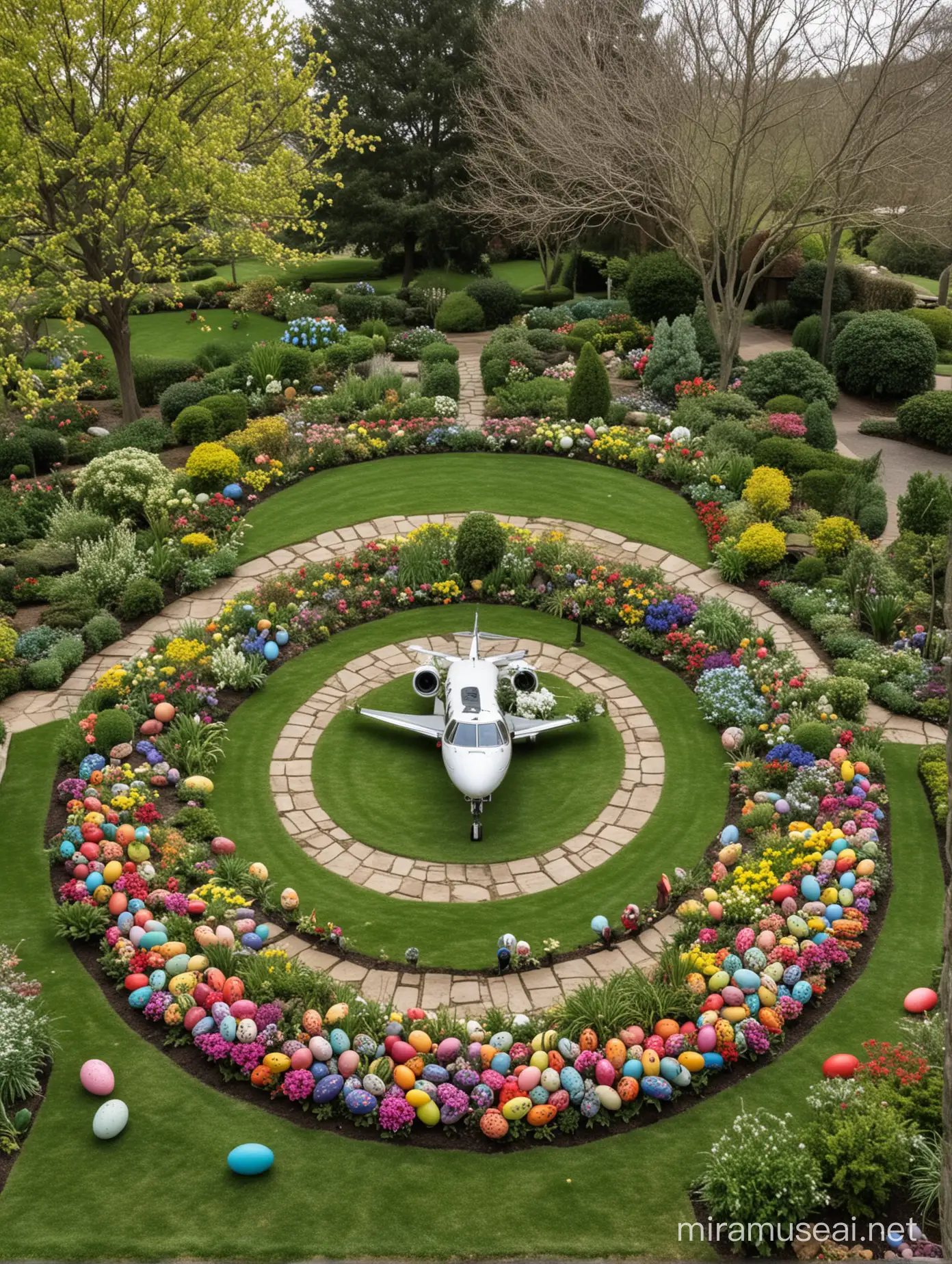 Garden-like place, full of easter egg, leave the center empty so I can put a private jet