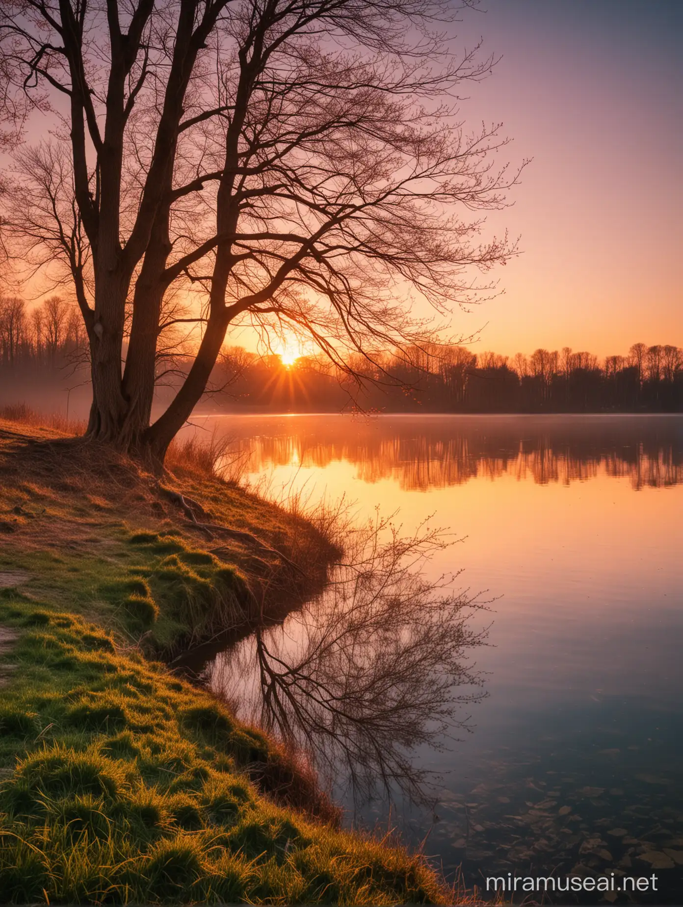 a wonderful photograph from a sunet near a lake in spring, serne feelings, nostalgic vibes, wonderful colors