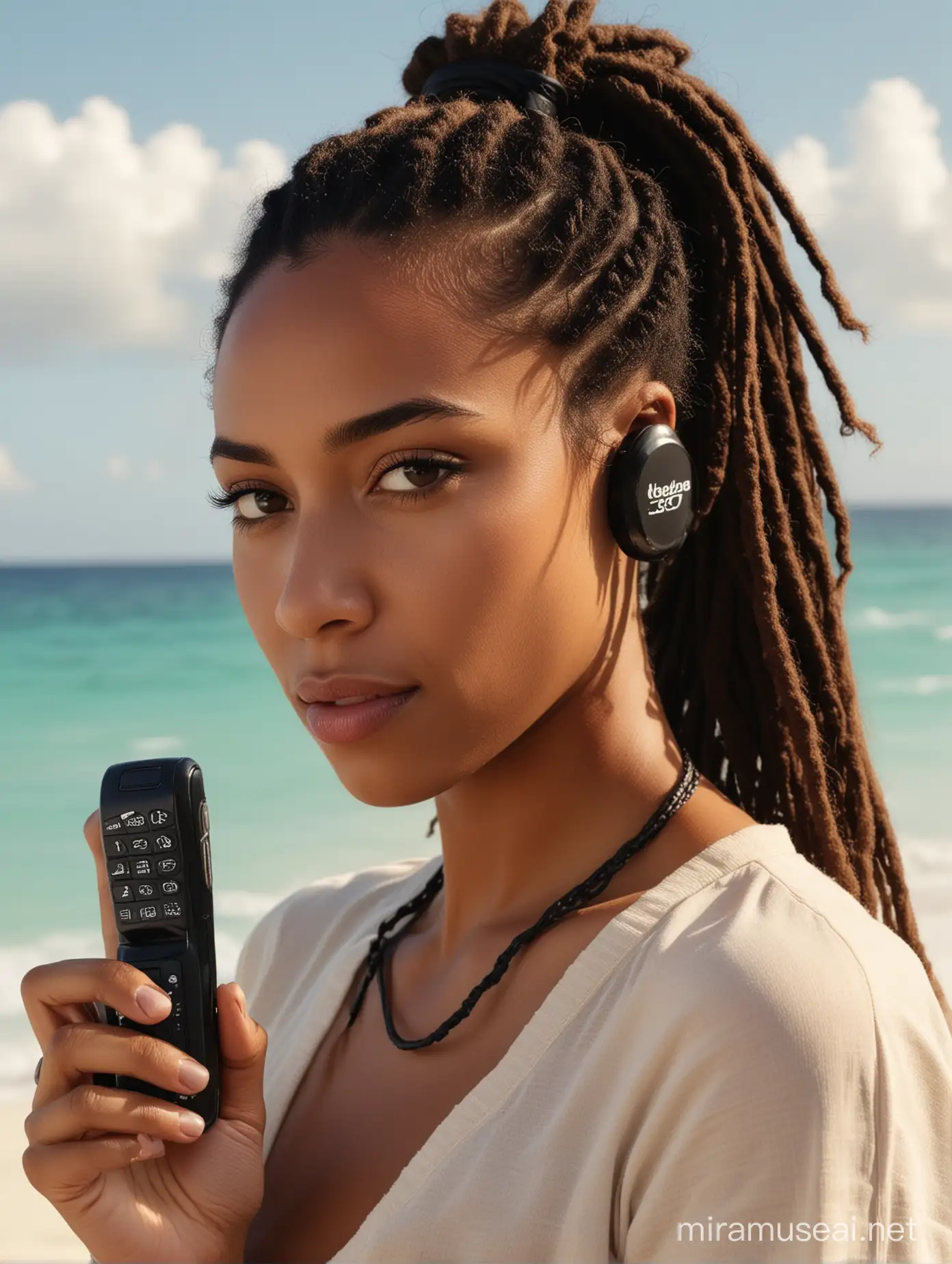 A 4K, real professionally done Hyperdetailed  photo of stylish beautiful carribean woman with ponytail dreadlocks, using old school 3G phone, in the style of light brown and dark black, fashwave, mesoamerican influences, carribean shore background, Professional lighting, candid celebrity shots, uhd image, body extensions, natural beauty --ar 69:128 --s 750 --v 5. 2