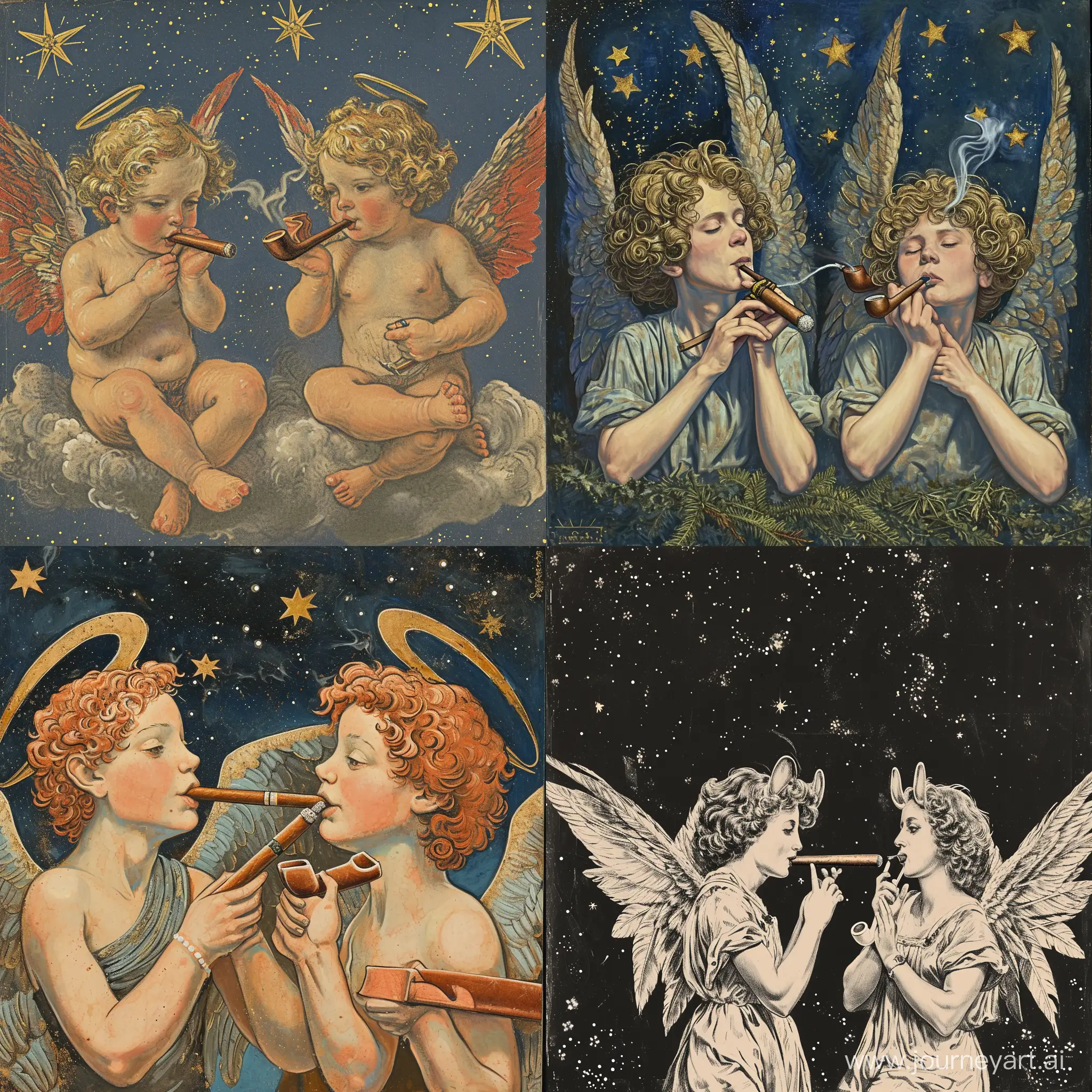 Two angels with six wings, the first angel smokes a cigar, and the second angel smokes a pipe. On fone night starry sky