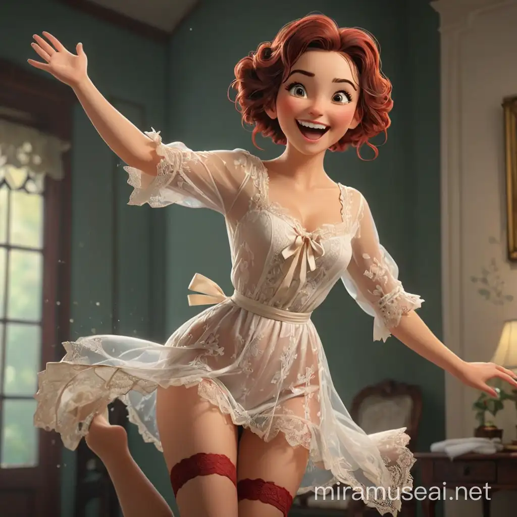 A beautiful woman in a lace negligee and stockings, with a 19th century style hairstyle jumps on someone with her arms raised. She has a wet towel tied around her waist and is smiling, her cheeks are red. We see her full-length, with arms and legs. In the style of 3d animation