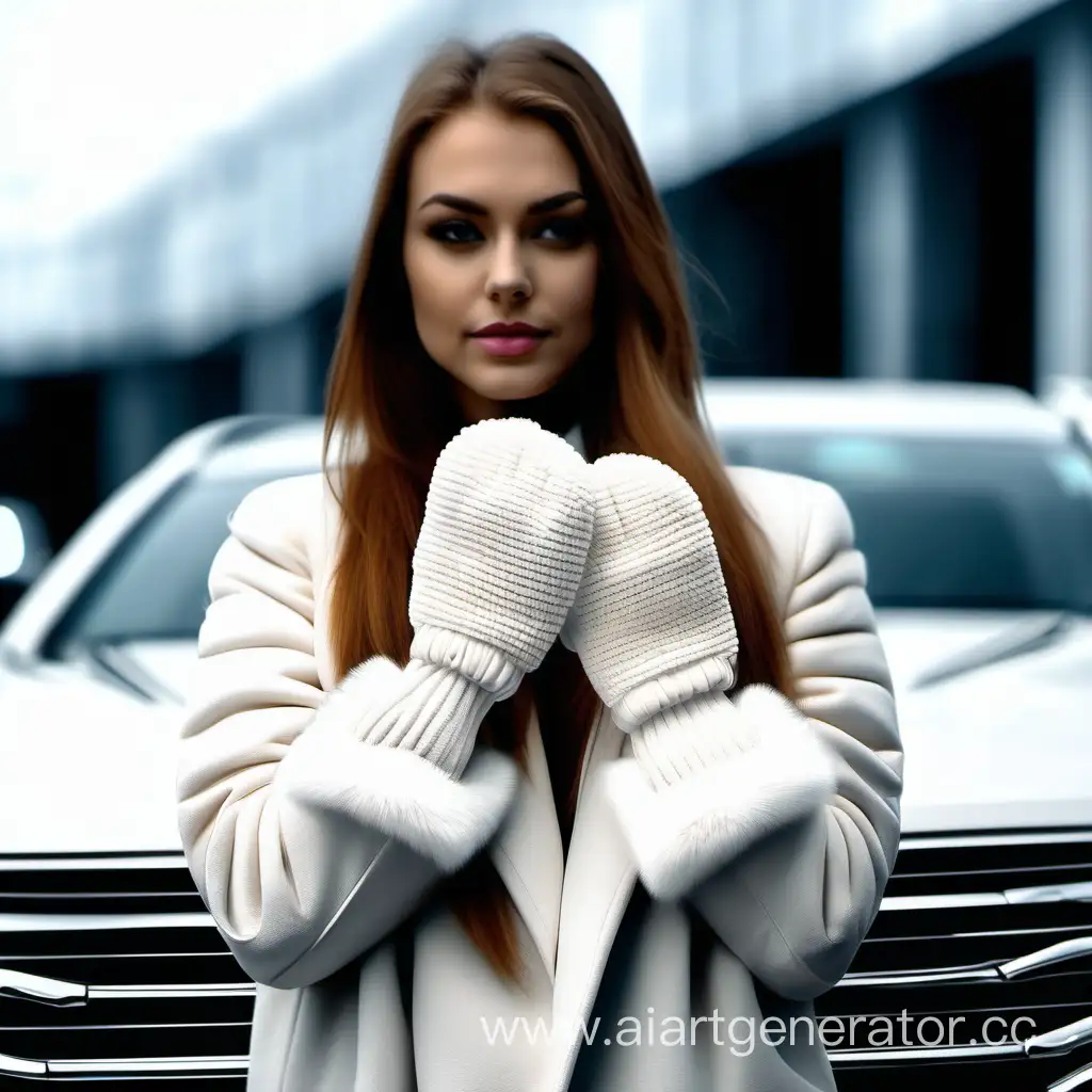 White UGG mittens on the hands of a beautiful girl against the backdrop of a luxury car showroom.