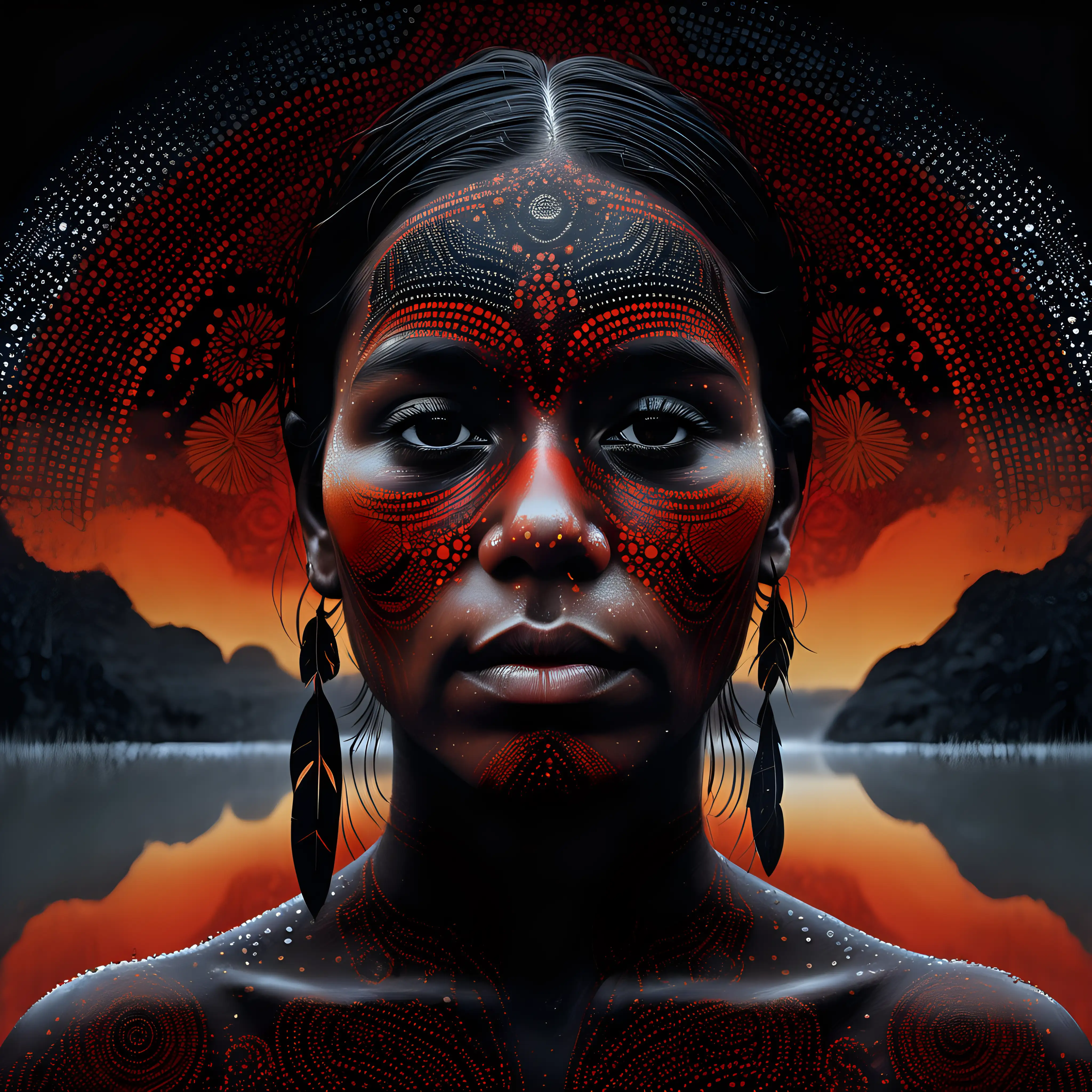 Dot Art, Indigenous Australia, double exposure portrait, Uluṟu, intricate details, internal Australian landscape featuring mist and rain, mirrored on water's surface below, colour scheme centred on black, red, ochre, against a stark black backdrop, chiaroscuro enhancing the intricate details, in a digital rendering. “-v 6”