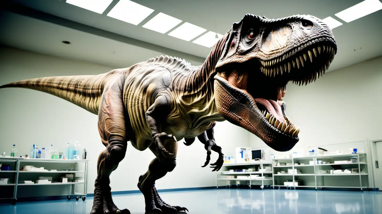 T rex kept in a facility for research by government to investigate its origin, evolution and behaviour with some stats on t-rex behind the doctors