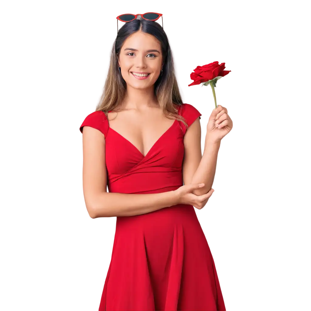 A girl with a flower in her hand, in a red dress.