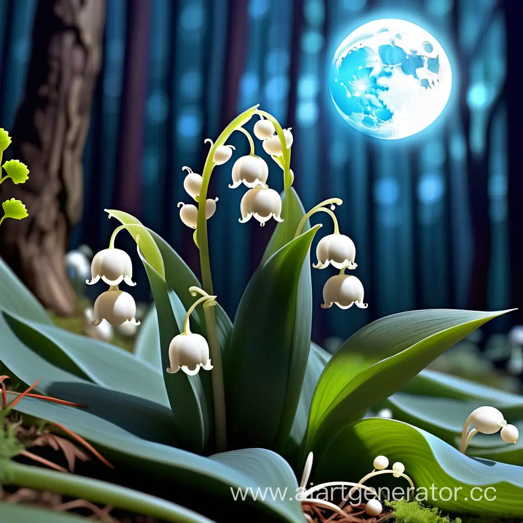 Magic lily-of-the-valley in the forest under the blue moon