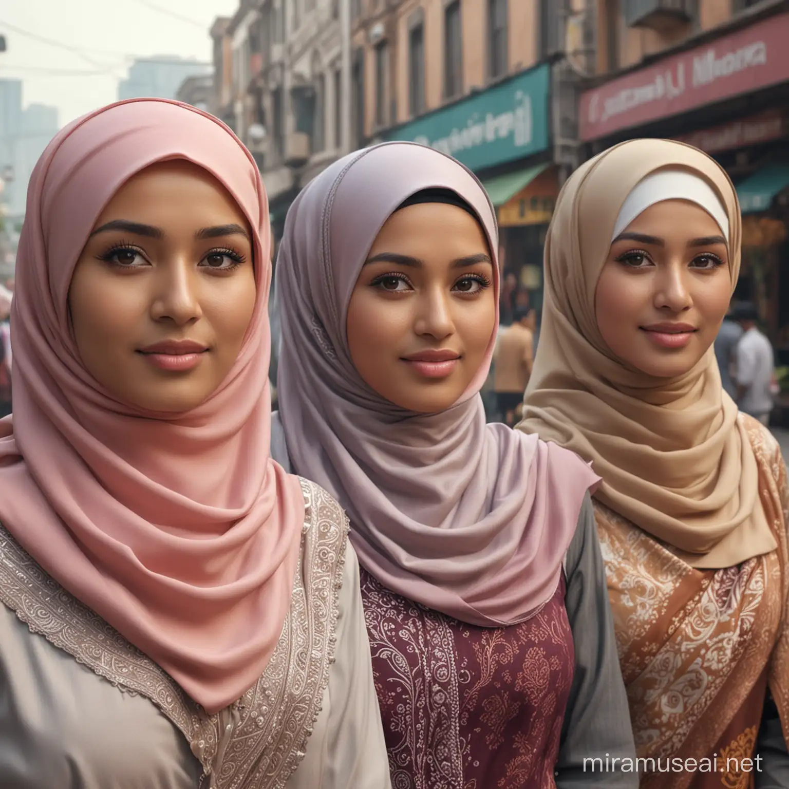 three indonesia women wearing hijabs are standing on the street, focus camera,photorealistic,UHD, 8K, crowd background in the indonesia market