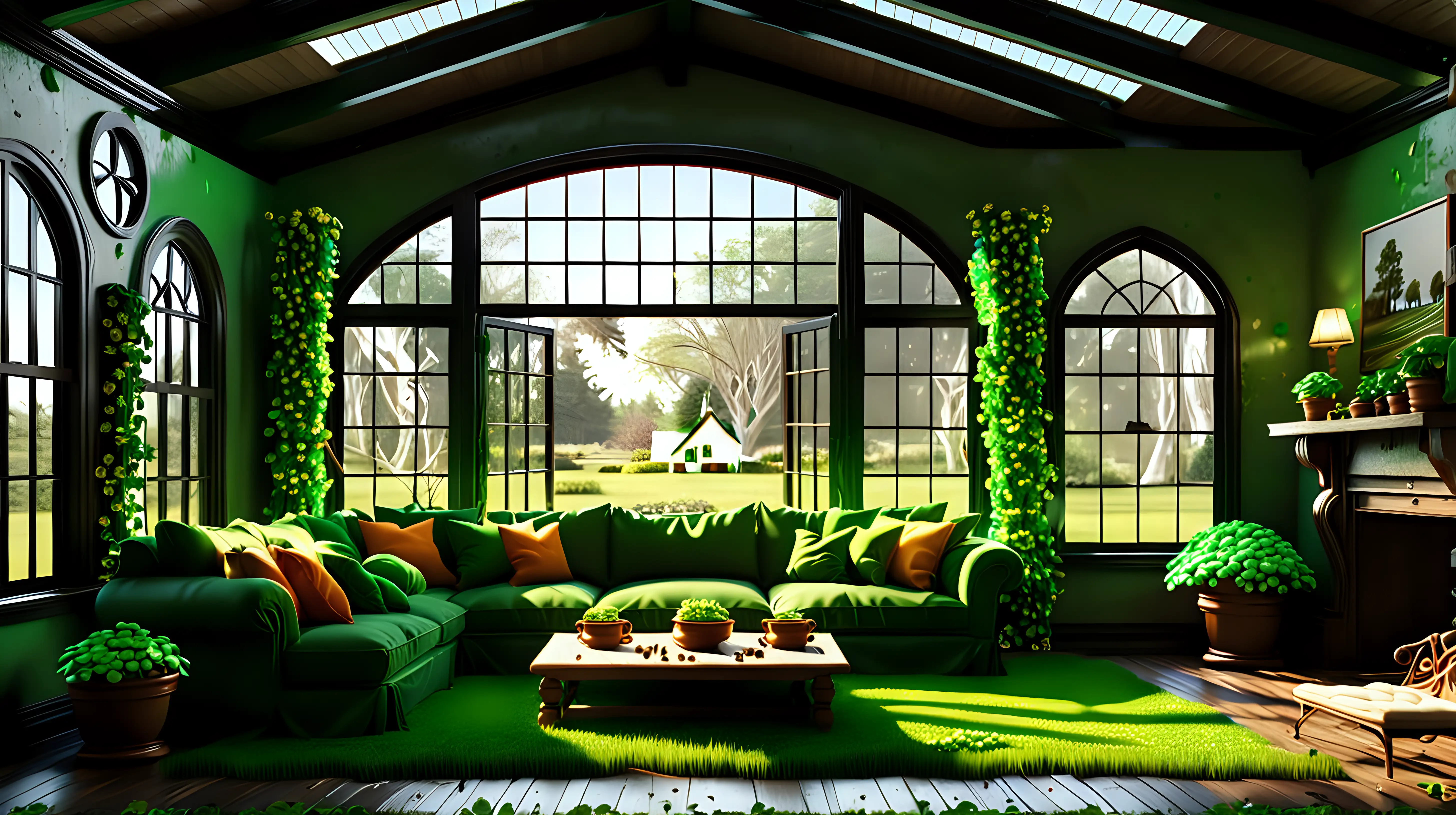 leprechaun house, large windows clovers, hyperrealistic living room