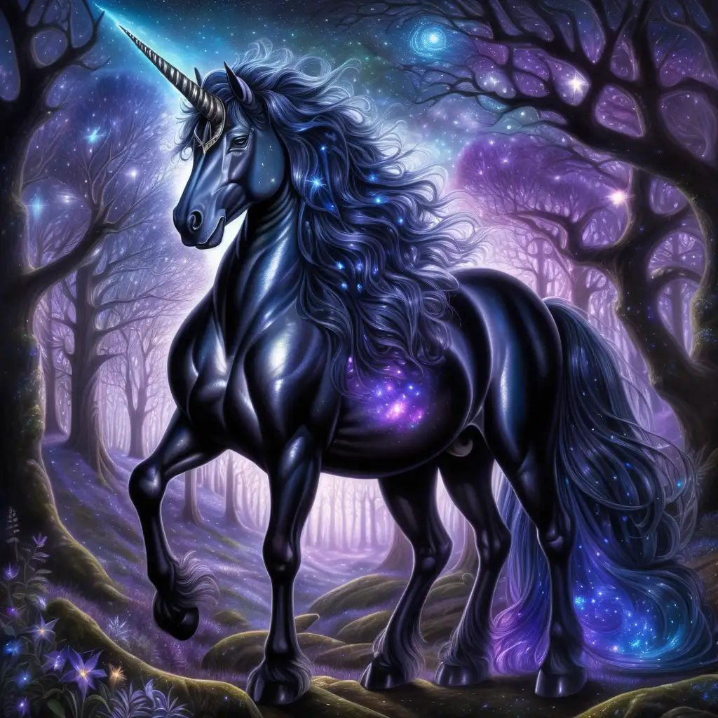 Majestic Black Unicorn Illuminated by Cosmic Brilliance in Enchanted Gothic Forest