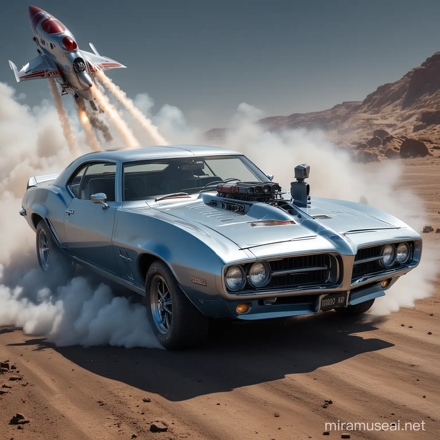 photorealistic, ultra-high-quality image of a silver and blue steampunk mechanical 1969 firebird with Pontiac front grill, red chrome biomechanical engine, wide rocket thruster type silver chrome wheels, all windows blacked out, firebird and Pontiac name badges, surrounded by smoke, rotated and being launched vertically like a rocket through the earth atmosphere. huge full moon in background