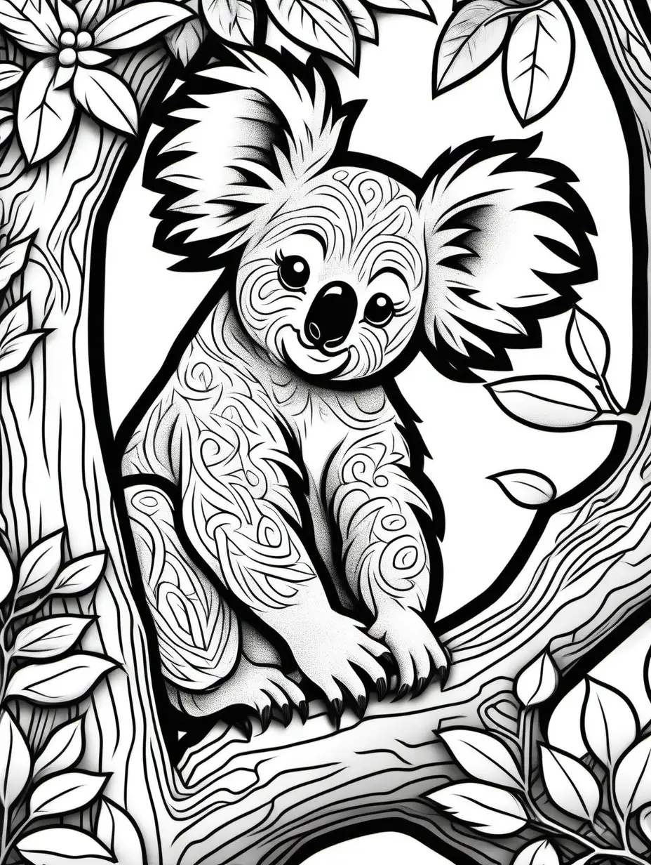 koala in a tree, black and white,coloring book page, children's coloring book, doodle floral art background, black and white, no shading, thick black lines, clean edges, full page, color by number