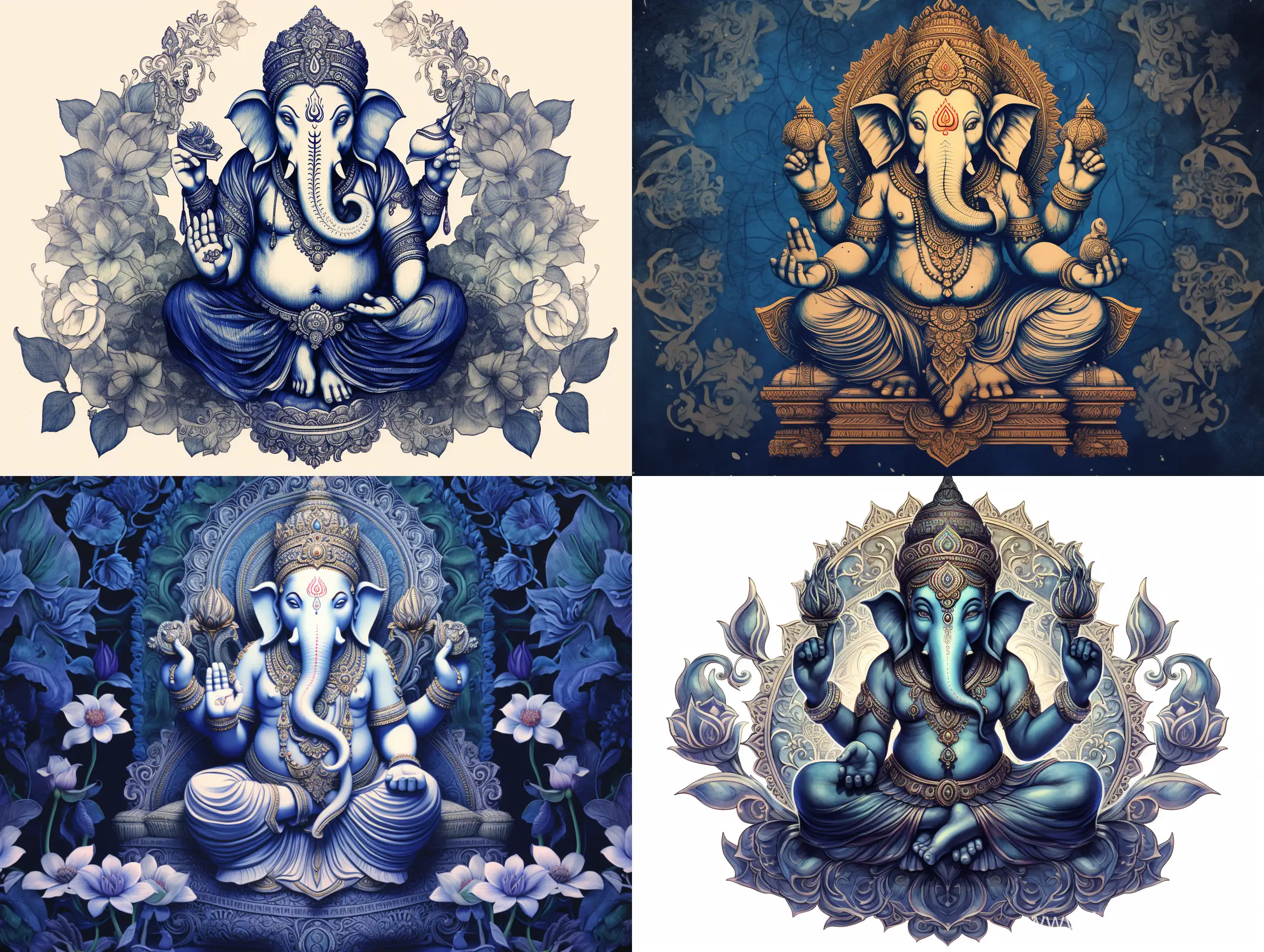 Sitzender Ganesha in Mandala-Zeichnungsweise, Blau und grün töne