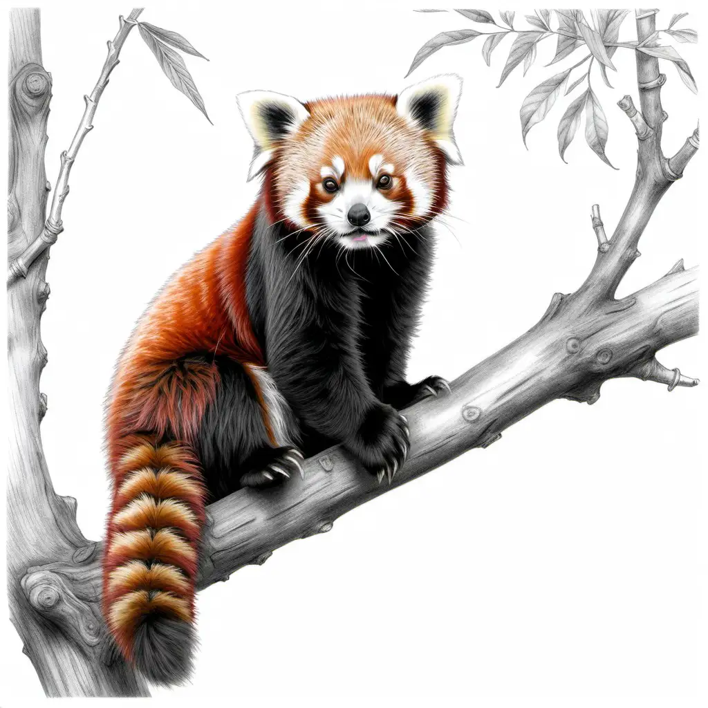 Fine art pencil drawing of a red panda on a branch, black and white, Beatrix Potter, white background, f5.6